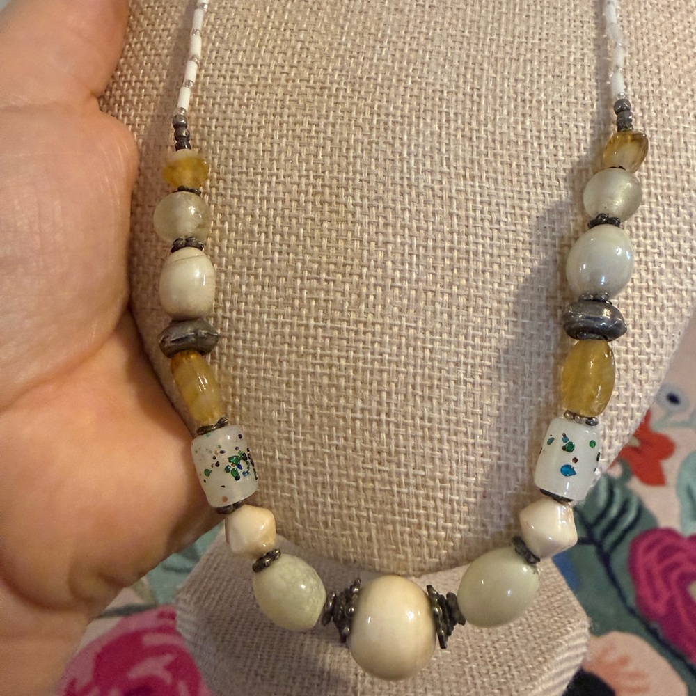 Bohemian Beaded Necklace Frosted Glass Stone Millefiori Mixed Media 20 Inch